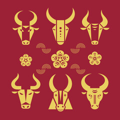 Set of Bull logos. Head of ox, icon, logo template. Sumbol of 2021 Chinese New Year. Logo collection