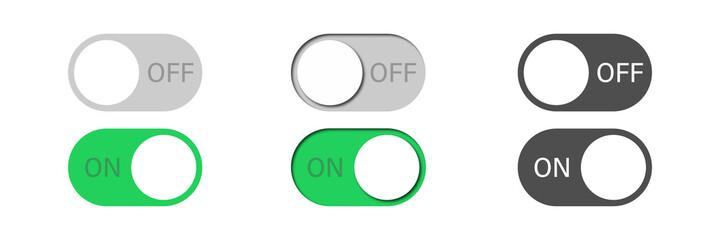 toggle vector switch slider button. on off. mobile phone ui interface turn power. control web bar. active green inactive grey isolated on white background. shutdown indicator. navigation panel set