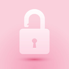 Paper cut Open padlock icon isolated on pink background. Opened lock sign. Cyber security concept. Digital data protection. Safety safety. Paper art style. Vector.
