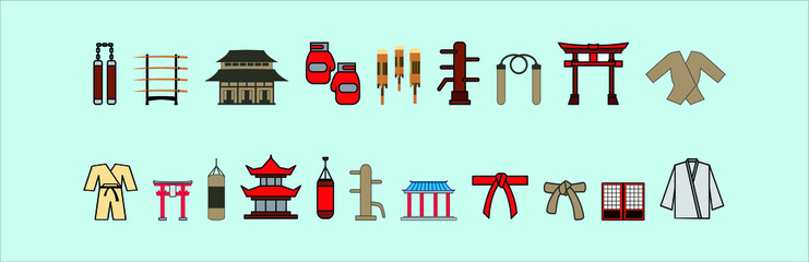 japanese martial art training equipment and element, glove, clothes and more. vector illustration isolated on blue