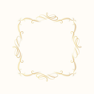 Hand drawn golden royal swirl border. Vector isolated vintage ornate frame.  Calligraphic gold scrolls for invitation card.
