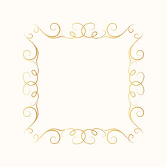 Hand drawn golden swirl border with filigree curves. Vector isolated vintage certificate frame.  Calligraphic gold scrolls for invitation card.