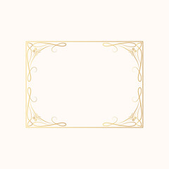 Hand drawn golden rectangular swirl border. Vector isolated vintage royal frame with gold filigree decor elements. Royal wedding invitation card.