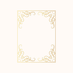 Vintage royal frame with gold filigree decor elements. Vector isolated hand drawn golden rectangular swirl border. Royal wedding invitation card.