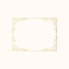 Classic wedding invitation card template in royal style. Vintage curve frame with gold filigree decor elements. Vector isolated hand drawn golden rectangular swirl border. 