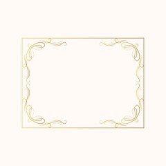 Hand drawn golden rectangular swirl border in victorian style. Vector isolated luxury wedding invitation card template. Certificate frame with gold filigree decor elements. 