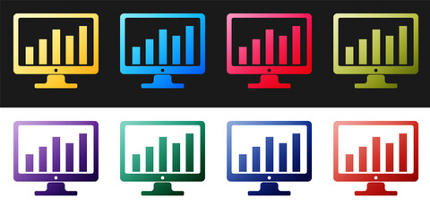 Set Computer screen with financial charts and graphs icon isolated on black and white background. Chart bars and financial analytics. Vector.