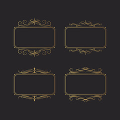 Set of hand drawn golden royal rectangular swirl borders in vintage style. Vector isolated gold luxury wedding invitation card templates. Certificate frames with filigree decor scrolls. 