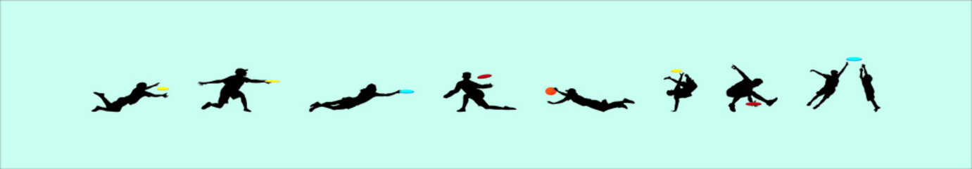 Man playing outdoor beach game vector silhouette illustration isolated on white background. Throwing flying disk. catch game toy. Frisbee sport. - obrazy, fototapety, plakaty