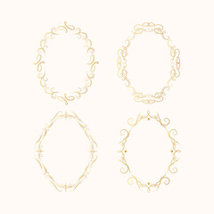 Set of hand drawn golden vintage oval swirl frames. Royal ornate fancy round borders for wedding. Vector isolated filigree invitation card templates.