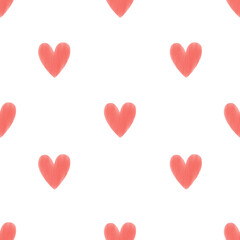 Seamless heart watercolor pattern Cute romantic print Small painted red hearts on white background