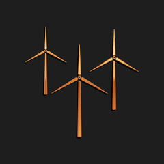 Gold Wind turbine icon isolated on black background. Wind generator sign. Windmill silhouette. Windmills for electric power production. Long shadow style. Vector.