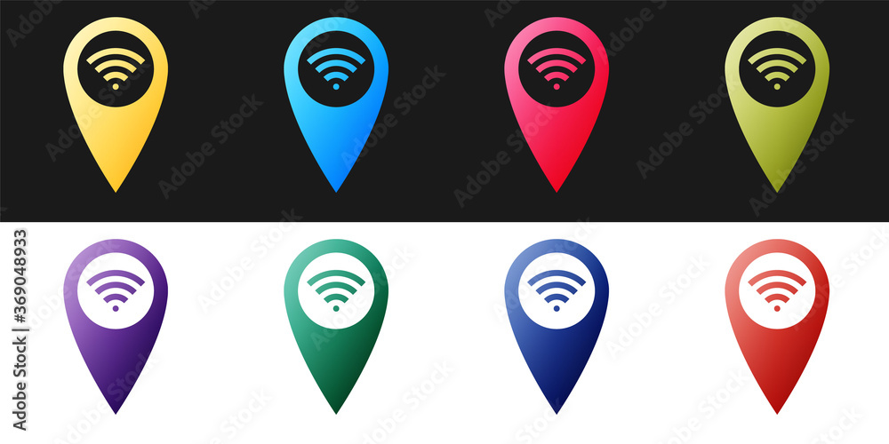 Fototapete set pointer map with wifi internet signal connection icon isolated on black and white background. ve