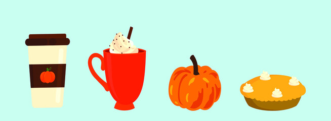 Pumpkin spice. Various tasty stuff. Colored vector set on blue background
