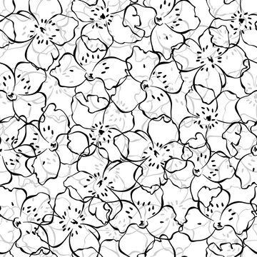 Seamless pattern with flowering jasmine branches on white background. Floral vector background. Line art. Monochrome.