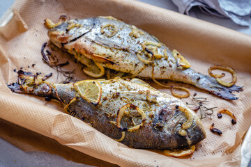 Baked fish dorado. Sea bream or dorada fish grilled