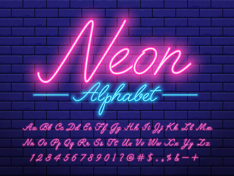 Glowing Neon Light Alphabet Design With Uppercase, Lowercase, Numbers And Symbols