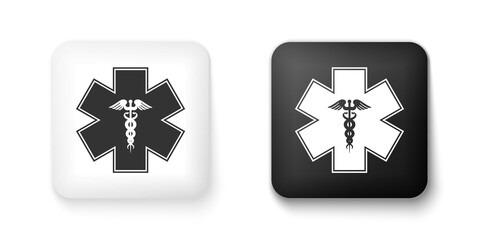 Obraz premium Black and white Emergency star - medical symbol Caduceus snake with stick icon isolated on white background. Star of Life. Square button. Vector.