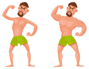 Fototapeta na wymiar Man before and after going to gym. Male character showing muscles.