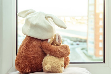 Pair of toys. Bunny and teddy bear  Embracing loving teddy bear toy and bunny sitting on window-sill