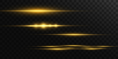 Beautiful bright horizontal flare. Golden glare on a transparent background. Light stripes on a dark background. Yellow rays.