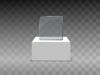 Realistic glass box or container on a white stand .Vector illustration.
