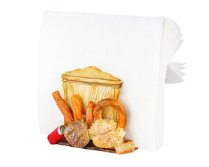 Old colored ceramic holder with white paper napkins isolated on white background