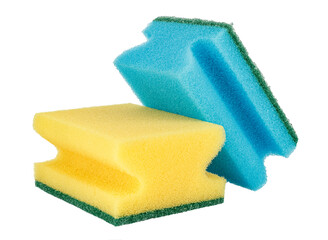 Two unused color sponges for washing dishes isolated on white background