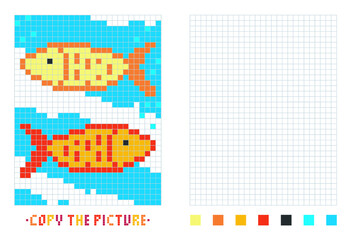 Fototapeta premium Copy the picture with the fish on the squares, vector illustration. 