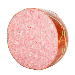 Piece of smoked sausage in striped brown shell isolated on white background