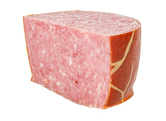 Cutted piece of smoked sausage in striped brown shell isolated on white background