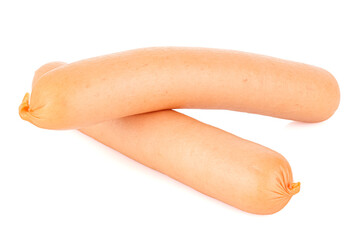 Lying two uncooked sausages in natural shell isolated on white background
