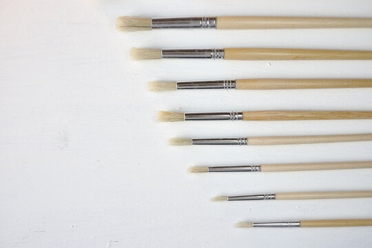 Set of white brushes on a case background. Artist accessories. View from above