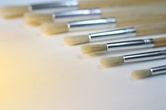 Set of white brushes on a case background. Artist accessories. Macro
