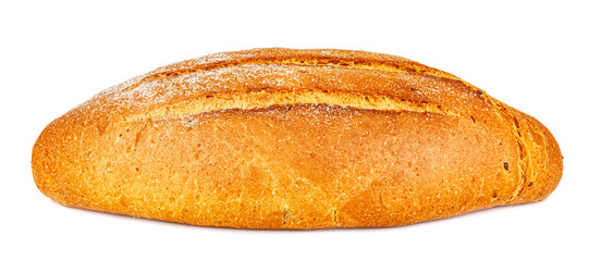 Side view of whole loaf of freshly baked rye bread isolated on white background