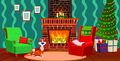 christmas interior , living room with a festive Christmas tree, fireplace, gifts,two armchairs and a dog