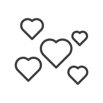 Icon of a set of hearts of different sizes scattered over the area. Linear design using a thick line. Isolated vector on white background.