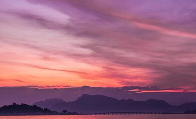 Fototapeta premium Seascape in the morning. Colorful of sunrise dramatic sky scenery background. Natural seascape and landscape in the Thailand.