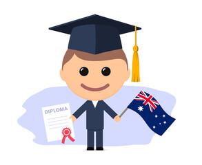 Cartoon graduate with graduation cap holding diploma and flag of Australia