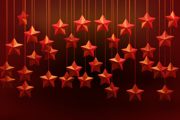 3d illustration christmas decorations red stars hanging in different order on a red background