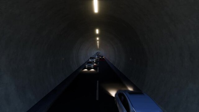 Car machines in dark tunnels 4k