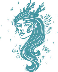 Hand drawn illustration of druid woman. Alchemy, tattoo art, t-shirt design. Isolated vector on white background.