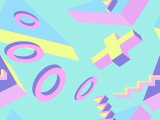 Seamless pattern 3d isometric geometric shapes in memphis style 80s. Background for promotional products, wrapping paper and printing. Vector illustration