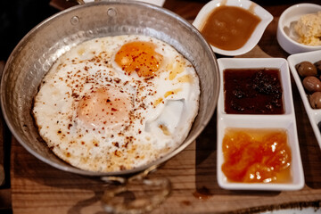 Traditional Turkish rich breakfast. A typical breakfast consists of eggs, jam, honey