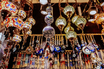 Shop with traditional lamps with ornaments in Istanbul in Turkey