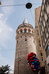 View on Galata Tower from the street in Istanbul, Turkey