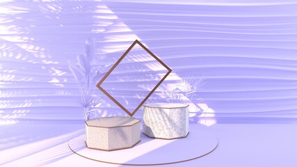 Octagonal marble Podium, golden frames, The sunlight shines The violet wall into waves scene with shadow of leaf. Pedestal Can be used for advertising, Isolated on violet background, 3D rendering.