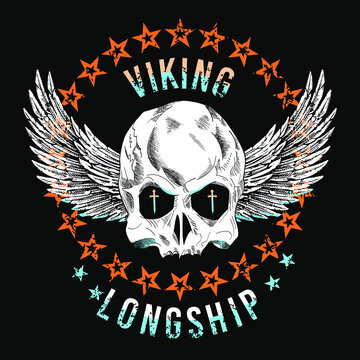 viking longship - Design of a viking skull with wings in a circle of stars and letters on a black background.