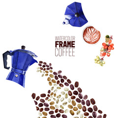 Watercolor frame with coffee attributes. Coffee pot, cappuccino, Cup, berries and coffee beans
