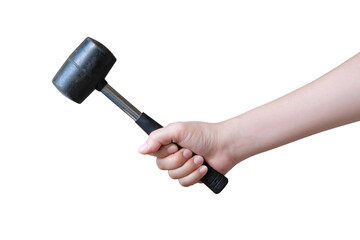 Hand holding hammer on white background